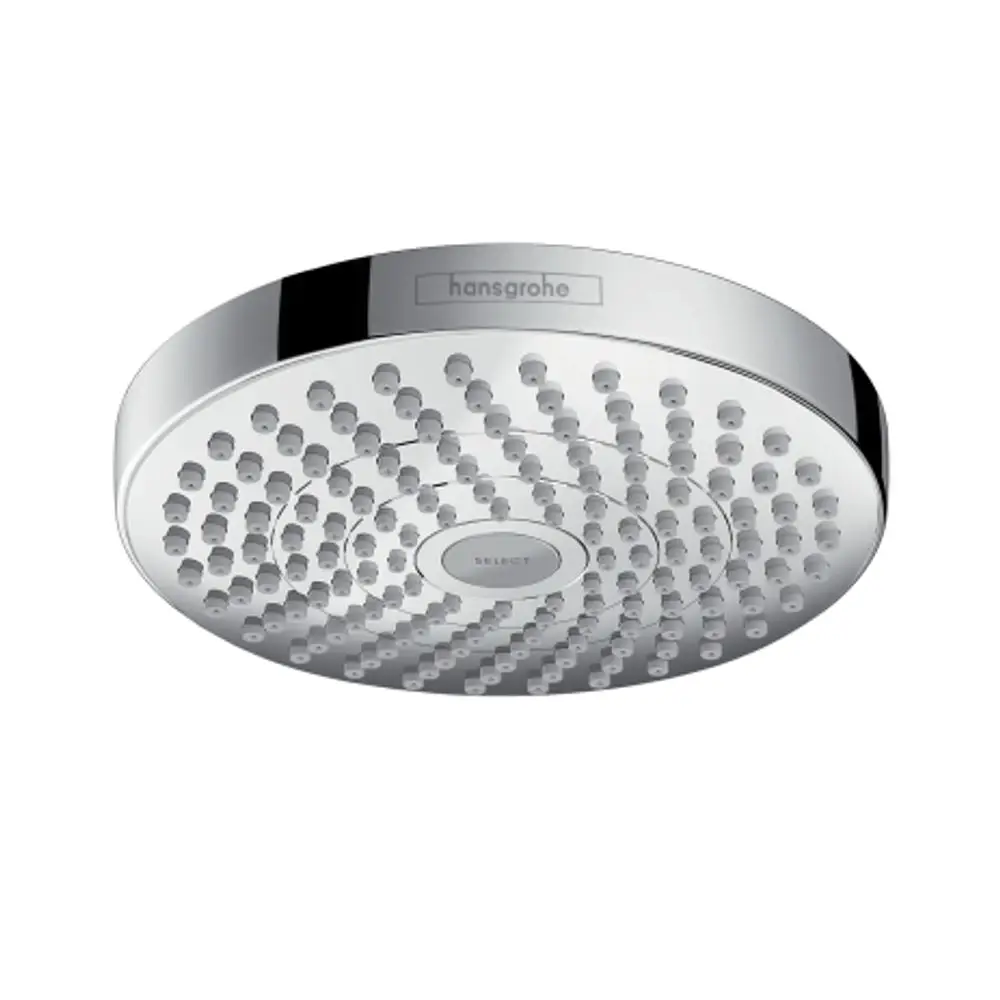 Runde Kopfbrause in Chrom mit mehreren Düsen von Hansgrohe. Mittig befindet sich ein Auswahlknopf für verschiedene Strahlarten.